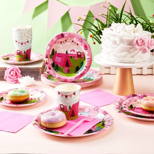Alt view image 9 of 14 - Zubebe 120 Pcs Pink Camping Party Supplies for 24 Guests: 48 Plates, 24 Cups, 24 Napkins, 24 Forks - Camping Theme, Disposable, Lightweight
