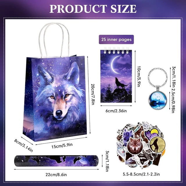 Alt view image 10 of 14 - Abbylike 48 Pcs Wolf Party Favors Party Decor Birthday Supply Wolf Paper Bag Gift Mini Notebook Keychain Slap Bracelet Sticker for Baby Shower Holiday
