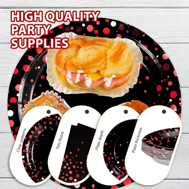 Alt view image 13 of 14 - Grencian 168Pcs Black and Red Party Decorations Graduation Red Dot on Black Plates Napkins Cups Forks Knives Spoons Disposable Stranger Tableware Set for Congrats Grad Birthday Party Supply Serves 24