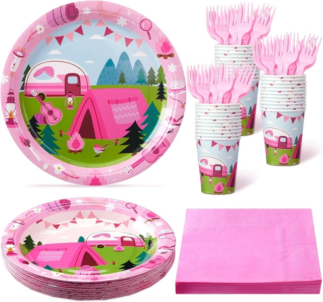 Alt view image 8 of 14 - Zubebe 120 Pcs Pink Camping Party Supplies for 24 Guests: 48 Plates, 24 Cups, 24 Napkins, 24 Forks - Camping Theme, Disposable, Lightweight