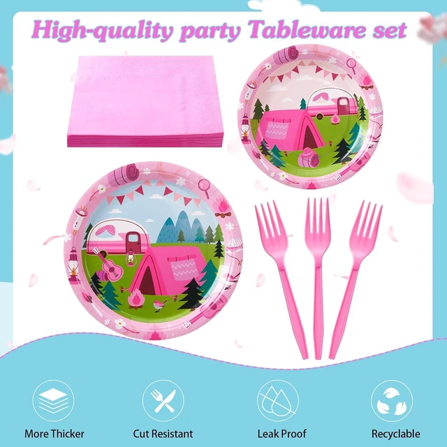 Alt view image 13 of 14 - Zubebe 120 Pcs Pink Camping Party Supplies for 24 Guests: 48 Plates, 24 Cups, 24 Napkins, 24 Forks - Camping Theme, Disposable, Lightweight