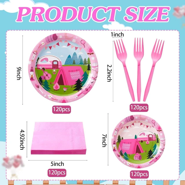 Alt view image 12 of 14 - Zubebe 120 Pcs Pink Camping Party Supplies for 24 Guests: 48 Plates, 24 Cups, 24 Napkins, 24 Forks - Camping Theme, Disposable, Lightweight