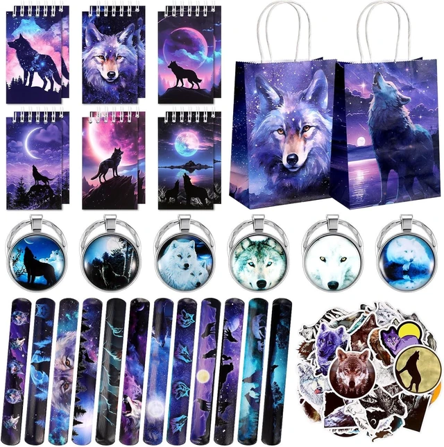 Alt view image 8 of 14 - Abbylike 48 Pcs Wolf Party Favors Party Decor Birthday Supply Wolf Paper Bag Gift Mini Notebook Keychain Slap Bracelet Sticker for Baby Shower Holiday