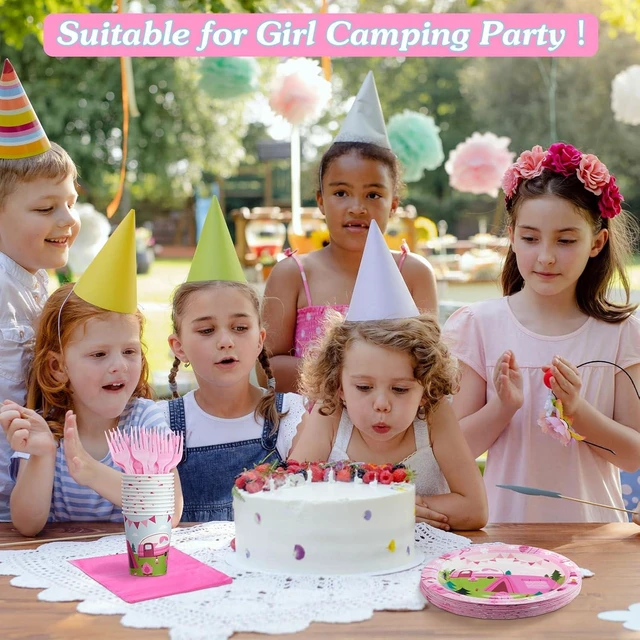 Alt view image 14 of 14 - Zubebe 120 Pcs Pink Camping Party Supplies for 24 Guests: 48 Plates, 24 Cups, 24 Napkins, 24 Forks - Camping Theme, Disposable, Lightweight
