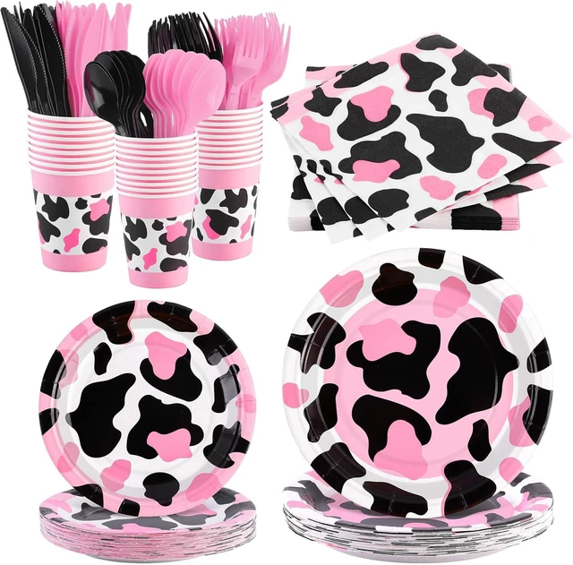 Alt view image 8 of 14 - durony 210 Pieces Pink Cow Print Tableware Set Pink Cow Print Party Decorations Paper Plates Cups Napkins Knife Spoons Forks for Cowgirl, Baby Shower, Farm Birthday Party Supplies, Serve 30 Guests