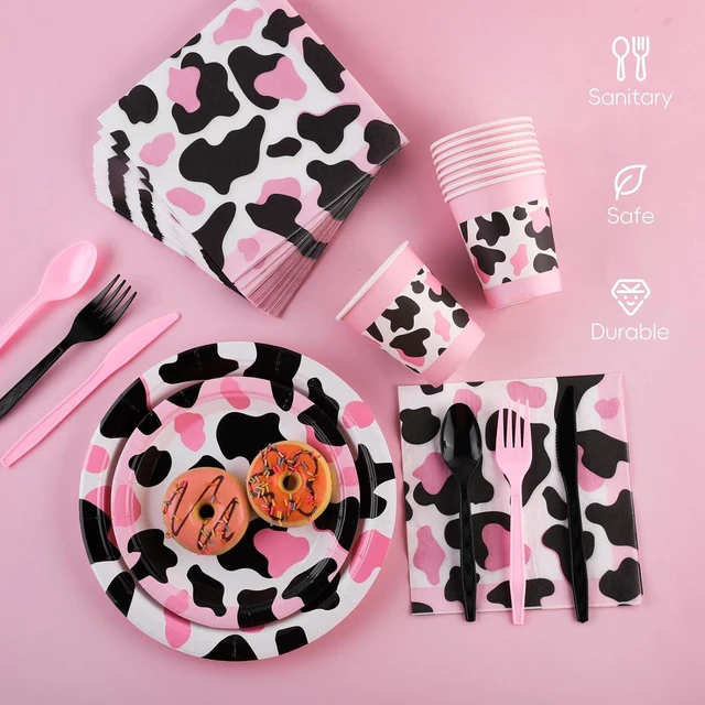 Alt view image 11 of 14 - durony 210 Pieces Pink Cow Print Tableware Set Pink Cow Print Party Decorations Paper Plates Cups Napkins Knife Spoons Forks for Cowgirl, Baby Shower, Farm Birthday Party Supplies, Serve 30 Guests