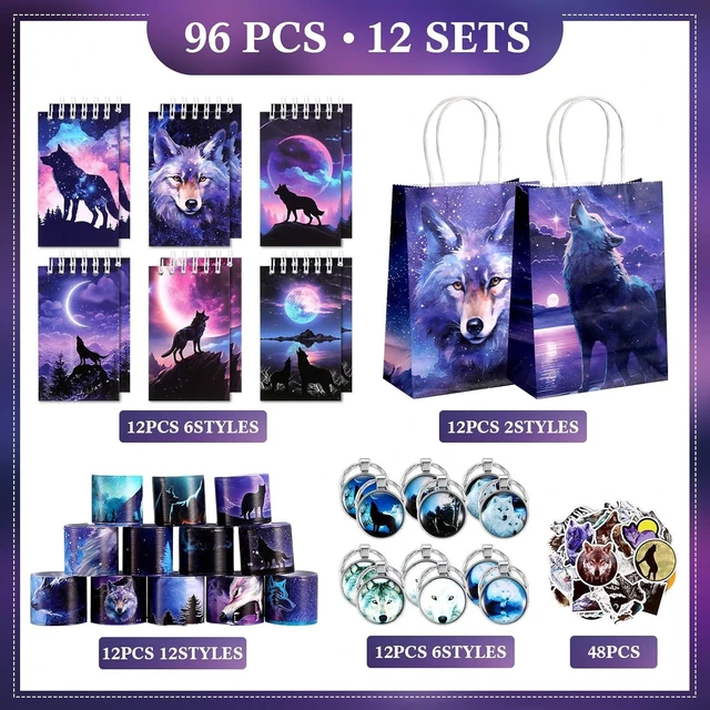 Alt view image 9 of 14 - Abbylike 48 Pcs Wolf Party Favors Party Decor Birthday Supply Wolf Paper Bag Gift Mini Notebook Keychain Slap Bracelet Sticker for Baby Shower Holiday