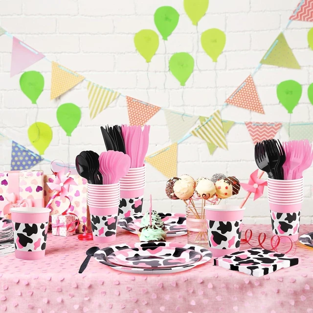 Alt view image 12 of 14 - durony 210 Pieces Pink Cow Print Tableware Set Pink Cow Print Party Decorations Paper Plates Cups Napkins Knife Spoons Forks for Cowgirl, Baby Shower, Farm Birthday Party Supplies, Serve 30 Guests
