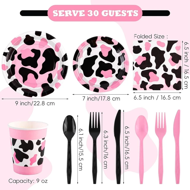 Alt view image 9 of 14 - durony 210 Pieces Pink Cow Print Tableware Set Pink Cow Print Party Decorations Paper Plates Cups Napkins Knife Spoons Forks for Cowgirl, Baby Shower, Farm Birthday Party Supplies, Serve 30 Guests