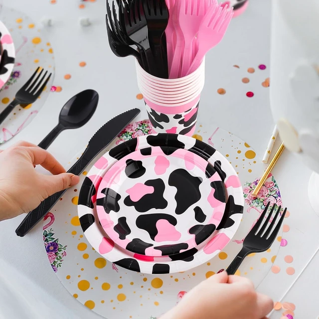 Alt view image 13 of 14 - durony 210 Pieces Pink Cow Print Tableware Set Pink Cow Print Party Decorations Paper Plates Cups Napkins Knife Spoons Forks for Cowgirl, Baby Shower, Farm Birthday Party Supplies, Serve 30 Guests