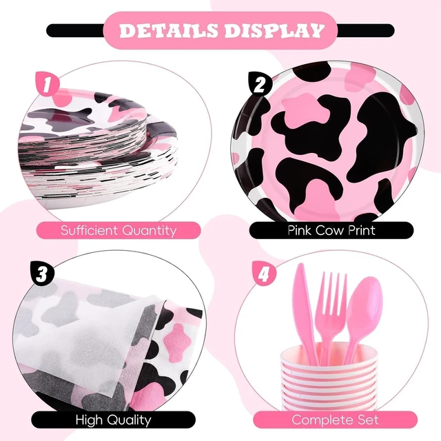 Alt view image 10 of 14 - durony 210 Pieces Pink Cow Print Tableware Set Pink Cow Print Party Decorations Paper Plates Cups Napkins Knife Spoons Forks for Cowgirl, Baby Shower, Farm Birthday Party Supplies, Serve 30 Guests