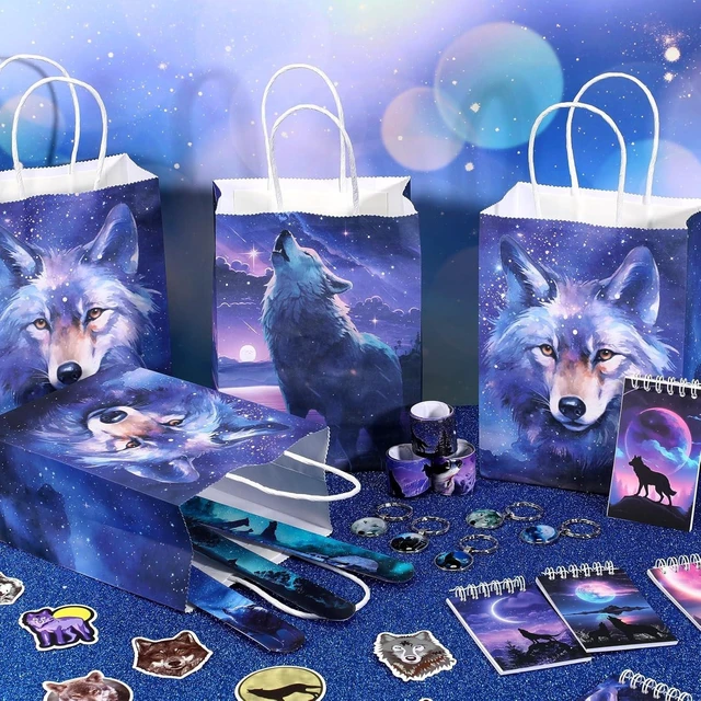 Alt view image 14 of 14 - Abbylike 48 Pcs Wolf Party Favors Party Decor Birthday Supply Wolf Paper Bag Gift Mini Notebook Keychain Slap Bracelet Sticker for Baby Shower Holiday