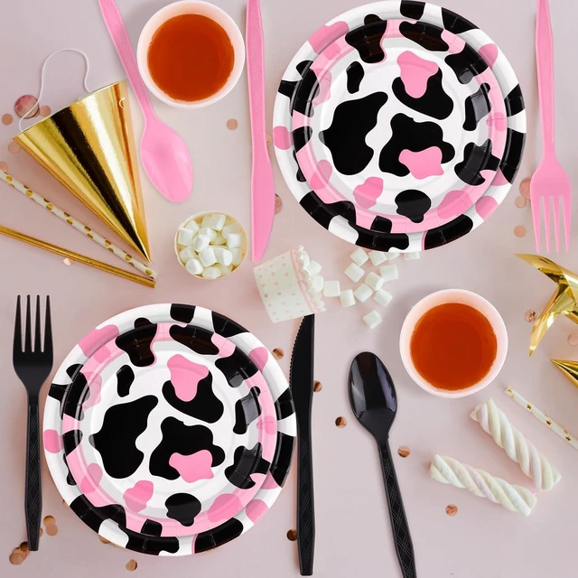 Alt view image 14 of 14 - durony 210 Pieces Pink Cow Print Tableware Set Pink Cow Print Party Decorations Paper Plates Cups Napkins Knife Spoons Forks for Cowgirl, Baby Shower, Farm Birthday Party Supplies, Serve 30 Guests