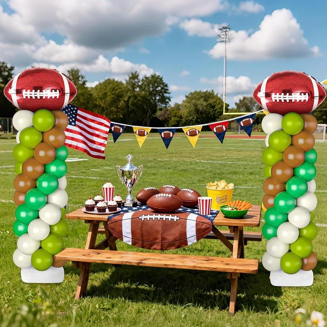 Alt view image 12 of 14 - 2 Sets Football Balloon Column Stand Kit Football Balloon Arch with Adjustable Stands Tower Kit 100 Latex Balloons Foil Balloons for Football Birthday Party Decorations