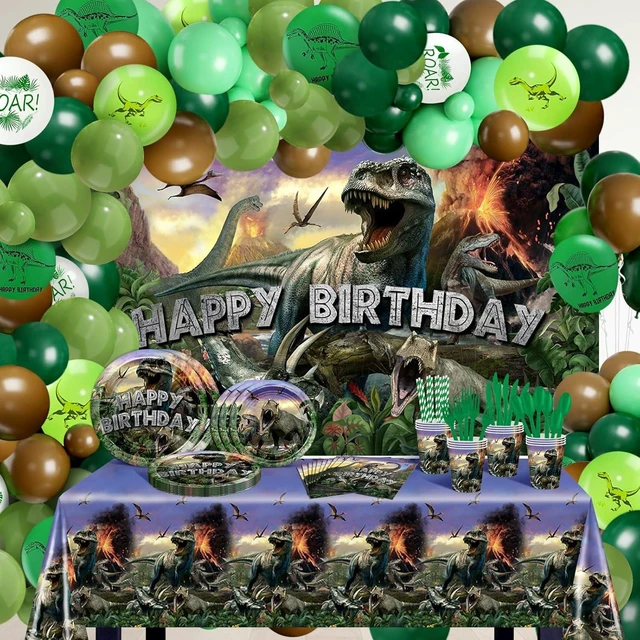 Alt view image 8 of 14 - Dinosaur Birthday Decorations 280 PCS Dinosaur Birthday Backdrop Plates Napkins Tablecloth Balloons Jurassic Dino Party Supplies Serve 24