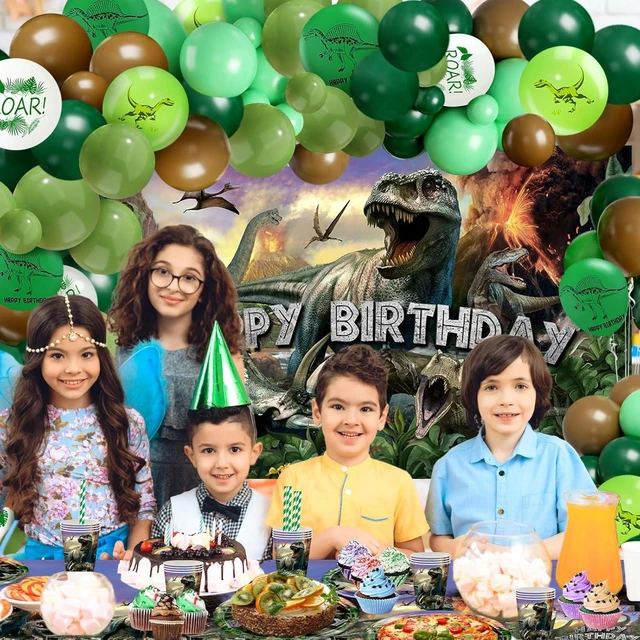 Alt view image 10 of 14 - Dinosaur Birthday Decorations 280 PCS Dinosaur Birthday Backdrop Plates Napkins Tablecloth Balloons Jurassic Dino Party Supplies Serve 24