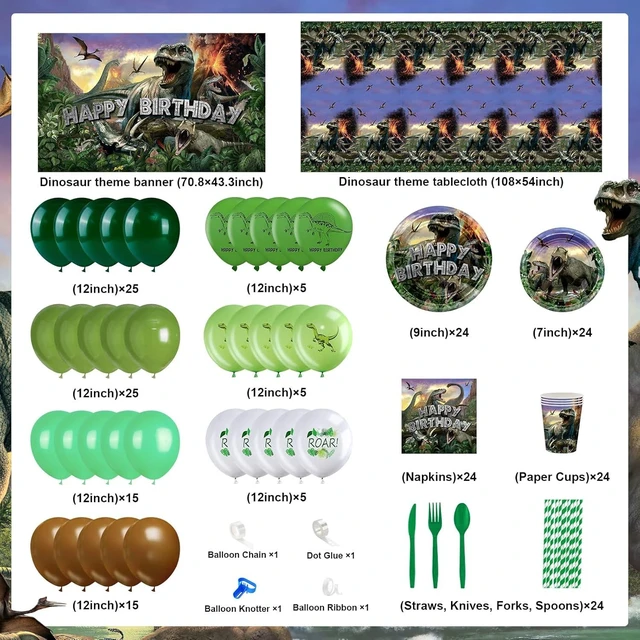 Alt view image 9 of 14 - Dinosaur Birthday Decorations 280 PCS Dinosaur Birthday Backdrop Plates Napkins Tablecloth Balloons Jurassic Dino Party Supplies Serve 24