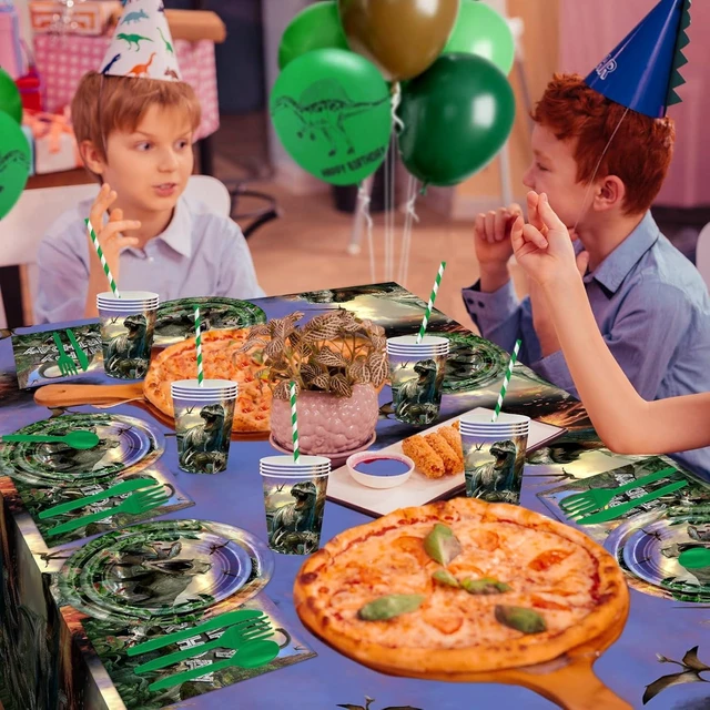 Alt view image 11 of 14 - Dinosaur Birthday Decorations 280 PCS Dinosaur Birthday Backdrop Plates Napkins Tablecloth Balloons Jurassic Dino Party Supplies Serve 24