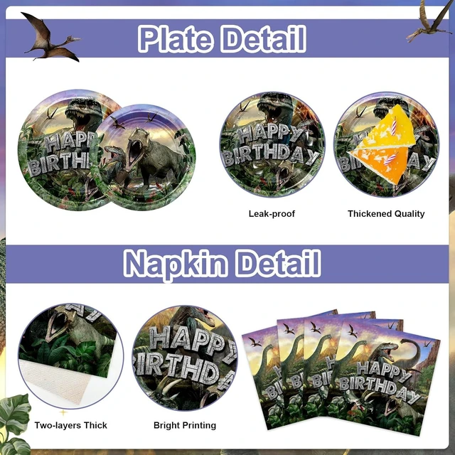 Alt view image 12 of 14 - Dinosaur Birthday Decorations 280 PCS Dinosaur Birthday Backdrop Plates Napkins Tablecloth Balloons Jurassic Dino Party Supplies Serve 24