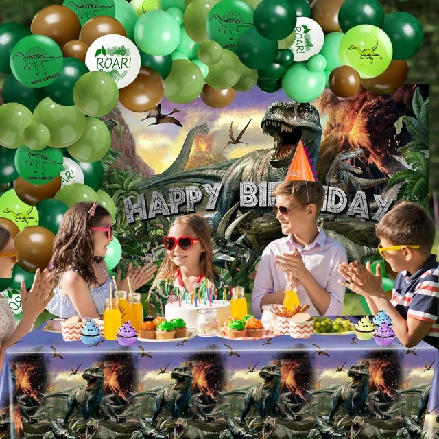 Alt view image 13 of 14 - Dinosaur Birthday Decorations 280 PCS Dinosaur Birthday Backdrop Plates Napkins Tablecloth Balloons Jurassic Dino Party Supplies Serve 24