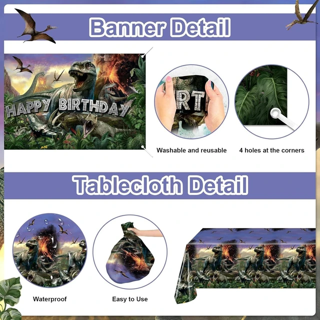 Alt view image 14 of 14 - Dinosaur Birthday Decorations 280 PCS Dinosaur Birthday Backdrop Plates Napkins Tablecloth Balloons Jurassic Dino Party Supplies Serve 24