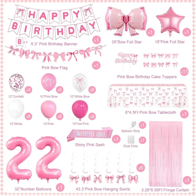 Alt view image 9 of 14 - 22nd Pink Birthday Decorations for Women, Pink Bow Coquette Birthday Decoration Party Supplies Includes Fringe Curtain, Number balloons, Bow Cake Topper, Banner, Hanging Swirls