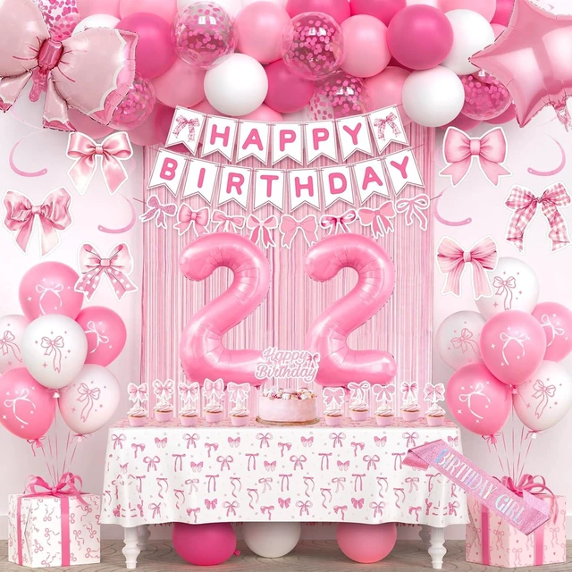 Alt view image 8 of 14 - 22nd Pink Birthday Decorations for Women, Pink Bow Coquette Birthday Decoration Party Supplies Includes Fringe Curtain, Number balloons, Bow Cake Topper, Banner, Hanging Swirls