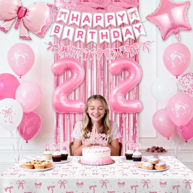 Alt view image 10 of 14 - 22nd Pink Birthday Decorations for Women, Pink Bow Coquette Birthday Decoration Party Supplies Includes Fringe Curtain, Number balloons, Bow Cake Topper, Banner, Hanging Swirls