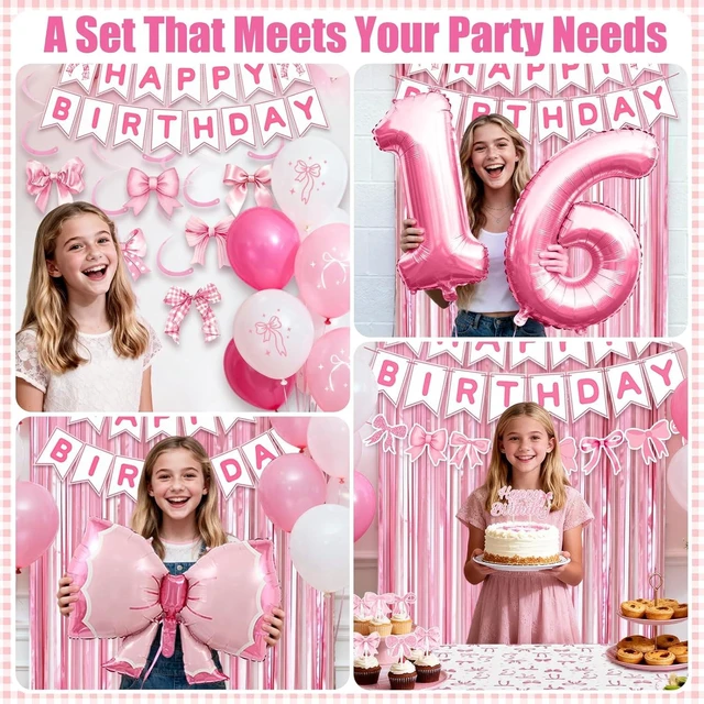 Alt view image 11 of 14 - 22nd Pink Birthday Decorations for Women, Pink Bow Coquette Birthday Decoration Party Supplies Includes Fringe Curtain, Number balloons, Bow Cake Topper, Banner, Hanging Swirls