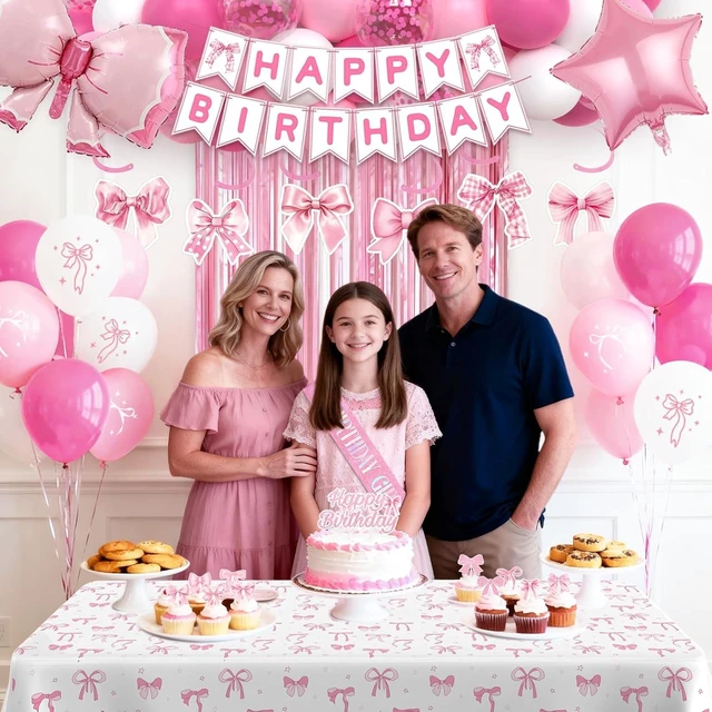 Alt view image 13 of 14 - 22nd Pink Birthday Decorations for Women, Pink Bow Coquette Birthday Decoration Party Supplies Includes Fringe Curtain, Number balloons, Bow Cake Topper, Banner, Hanging Swirls