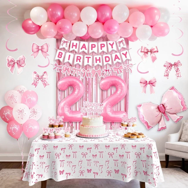 Alt view image 14 of 14 - 22nd Pink Birthday Decorations for Women, Pink Bow Coquette Birthday Decoration Party Supplies Includes Fringe Curtain, Number balloons, Bow Cake Topper, Banner, Hanging Swirls