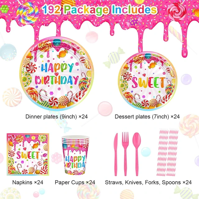 Alt view image 8 of 12 - Avezano 192 Pcs Candyland Party Decorations Lollipop Dessert Theme Birthday Party Decorations Disposable Candy Land Tableware Party Supplies Paper Plates Napkins Forks Set for 24 Guests