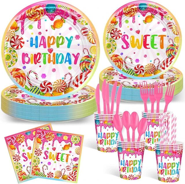 Alt view image 7 of 12 - Avezano 192 Pcs Candyland Party Decorations Lollipop Dessert Theme Birthday Party Decorations Disposable Candy Land Tableware Party Supplies Paper Plates Napkins Forks Set for 24 Guests