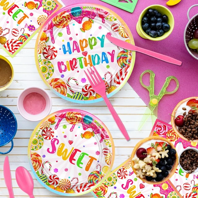 Alt view image 12 of 12 - Avezano 192 Pcs Candyland Party Decorations Lollipop Dessert Theme Birthday Party Decorations Disposable Candy Land Tableware Party Supplies Paper Plates Napkins Forks Set for 24 Guests