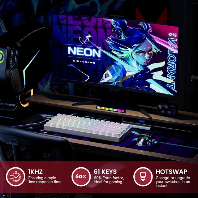Alt view image 9 of 14 - HK GAMING GK61 60% v3 | Hotswap Mechanical Gaming Keyboard | 61 Keys Multi Color RGB LED Backlit for PC/Mac Gamer | US Layout (White, Gateron Optical Speed Yellow)