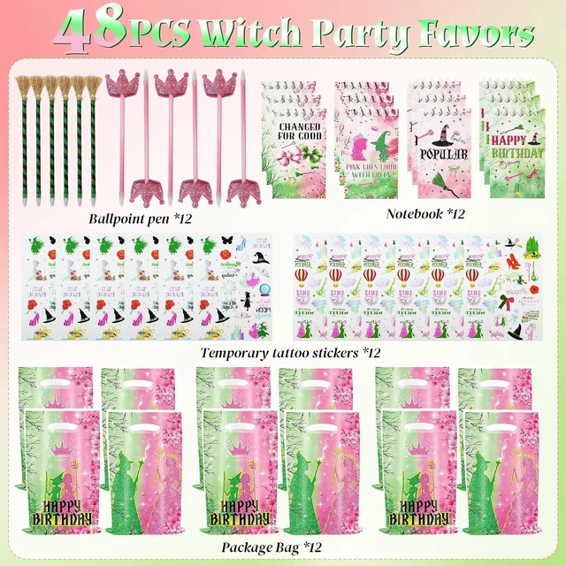 Alt view image 10 of 14 - 48Pcs Pink and Green Witch Party Favors, Witch Birthday Decorations, Ballpoint Pens, Notebooks, Temporary Tattoo Stickers, Classroom Rewards Student Birthday Gifts Party Supplies