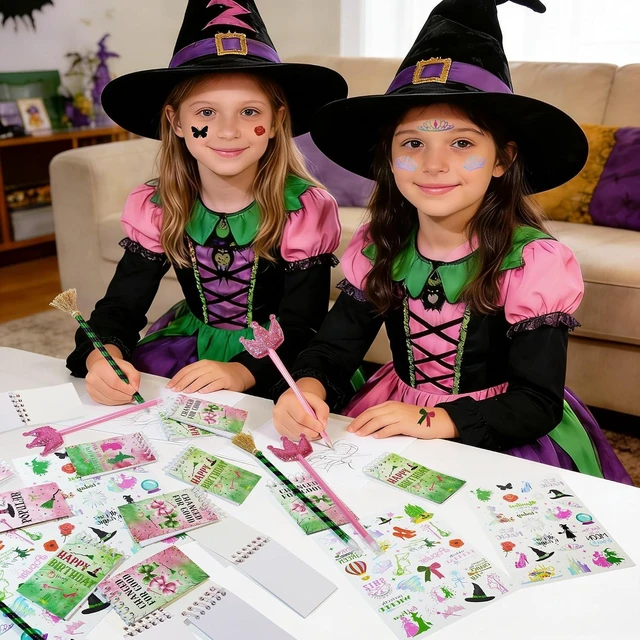 Alt view image 13 of 14 - 48Pcs Pink and Green Witch Party Favors, Witch Birthday Decorations, Ballpoint Pens, Notebooks, Temporary Tattoo Stickers, Classroom Rewards Student Birthday Gifts Party Supplies
