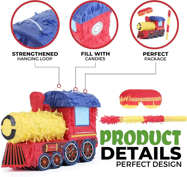 Alt view image 10 of 14 - 3D Train Pinata Bundle with a Blindfold and Bat (16x10.6x6.7 Inches), Train Pinata for Boys Birthday Party Supplies, Perfect for Birthday Party, Train Theme Party, Decoration