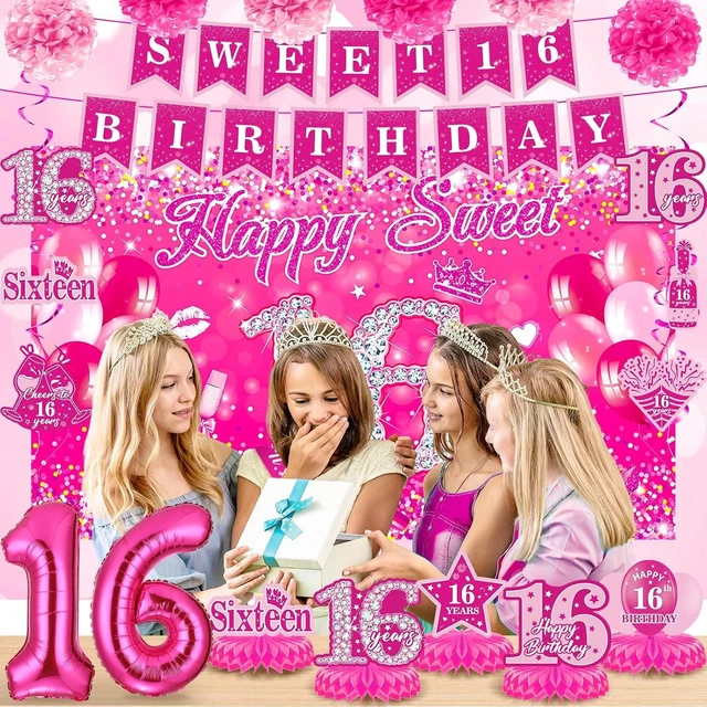 Alt view image 9 of 14 - Pink 16th Birthday Decorations for Girls Hot Pink Sweet 16 Birthday Banner Honeycomb Centerpiece Balloons Hanging Swirls Paper Pompoms Sash Kit Sweet Sixteen Bday Party Supplies