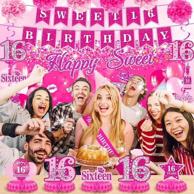 Alt view image 11 of 14 - Pink 16th Birthday Decorations for Girls Hot Pink Sweet 16 Birthday Banner Honeycomb Centerpiece Balloons Hanging Swirls Paper Pompoms Sash Kit Sweet Sixteen Bday Party Supplies