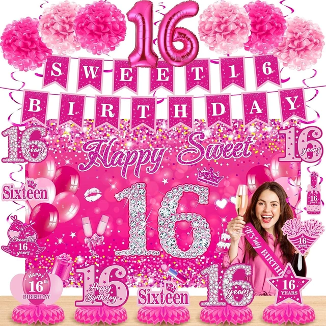 Alt view image 8 of 14 - Pink 16th Birthday Decorations for Girls Hot Pink Sweet 16 Birthday Banner Honeycomb Centerpiece Balloons Hanging Swirls Paper Pompoms Sash Kit Sweet Sixteen Bday Party Supplies