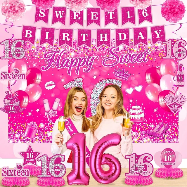 Alt view image 10 of 14 - Pink 16th Birthday Decorations for Girls Hot Pink Sweet 16 Birthday Banner Honeycomb Centerpiece Balloons Hanging Swirls Paper Pompoms Sash Kit Sweet Sixteen Bday Party Supplies
