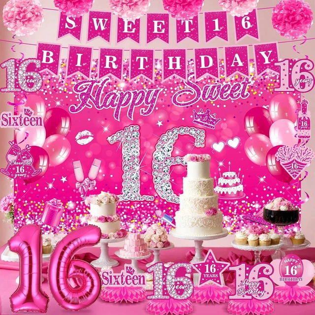 Alt view image 12 of 14 - Pink 16th Birthday Decorations for Girls Hot Pink Sweet 16 Birthday Banner Honeycomb Centerpiece Balloons Hanging Swirls Paper Pompoms Sash Kit Sweet Sixteen Bday Party Supplies