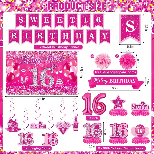 Alt view image 13 of 14 - Pink 16th Birthday Decorations for Girls Hot Pink Sweet 16 Birthday Banner Honeycomb Centerpiece Balloons Hanging Swirls Paper Pompoms Sash Kit Sweet Sixteen Bday Party Supplies