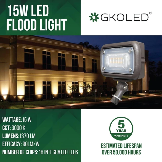 Alt view image 8 of 12 - GKOLED 15W Outdoor LED Flood Security Lights, Waterproof Landscape Lighting, 50W PSMH Equivalent, 1370 Lumens, 3000K Warm White, 120-277V, 1/2" Knuckle Mount, Compact Size, UL-Listed
