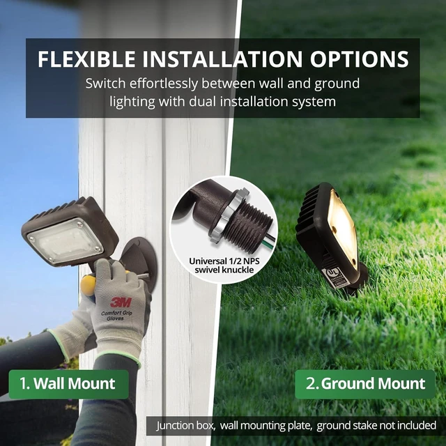 Alt view image 10 of 12 - GKOLED 15W Outdoor LED Flood Security Lights, Waterproof Landscape Lighting, 50W PSMH Equivalent, 1370 Lumens, 3000K Warm White, 120-277V, 1/2" Knuckle Mount, Compact Size, UL-Listed