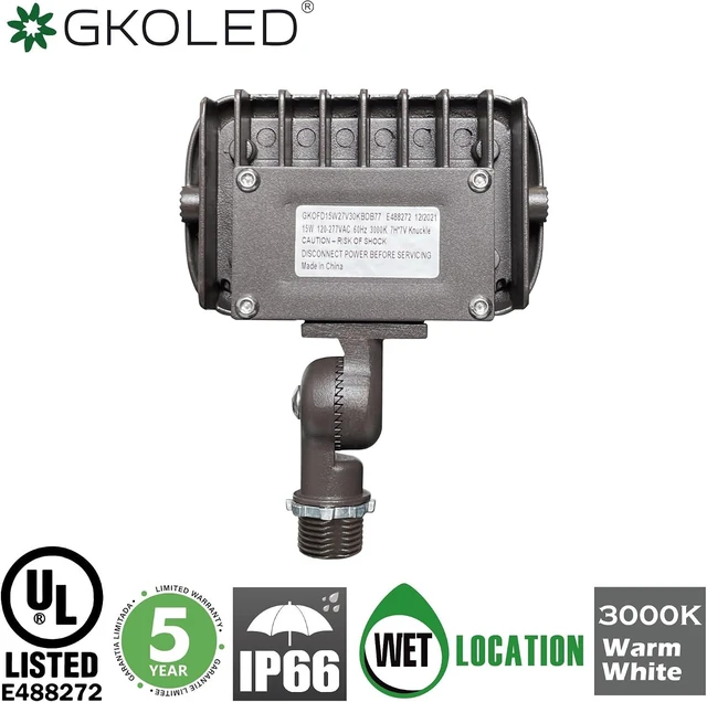 Alt view image 12 of 12 - GKOLED 15W Outdoor LED Flood Security Lights, Waterproof Landscape Lighting, 50W PSMH Equivalent, 1370 Lumens, 3000K Warm White, 120-277V, 1/2" Knuckle Mount, Compact Size, UL-Listed