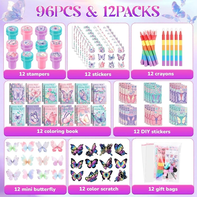 Alt view image 8 of 12 - BenLouis 96Pcs Butterfly Party Favors Butterfly Fairy Coloring Books Crayon Stickers Set Bulk for Kids Butterfly Birthday Decor Spring Flower Tea Goodie Bag Stuffers Classroom Gifts Pinata Filler