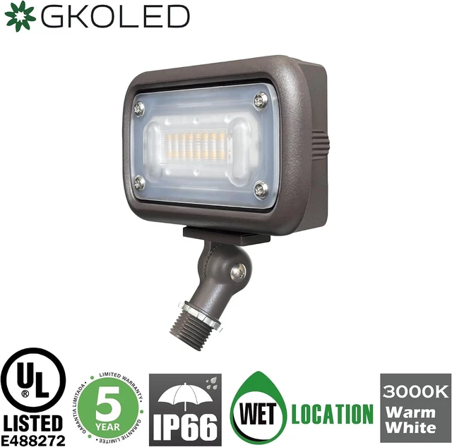 Alt view image 11 of 12 - GKOLED 15W Outdoor LED Flood Security Lights, Waterproof Landscape Lighting, 50W PSMH Equivalent, 1370 Lumens, 3000K Warm White, 120-277V, 1/2" Knuckle Mount, Compact Size, UL-Listed
