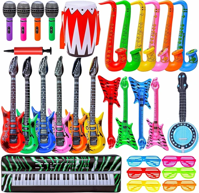 Alt view image 8 of 14 - Max Fun Inflatable Rock Star Toy Set, 30 PCS 80s 90s Party Decorations Inflatable Party Props Musical Instrument Blow up Guitar Inflate Rock Band for Carnival Party Favors Rock and Roll Party Supplies